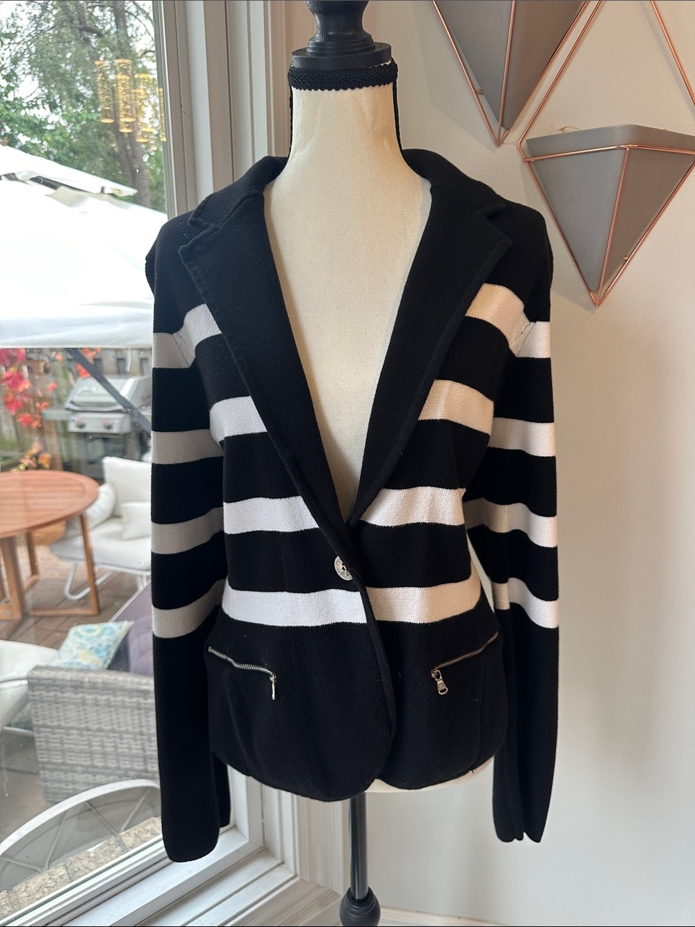 RALPH LAUREN LRL Striped Black White Knit Blazer Jacket Academia Office Size XL